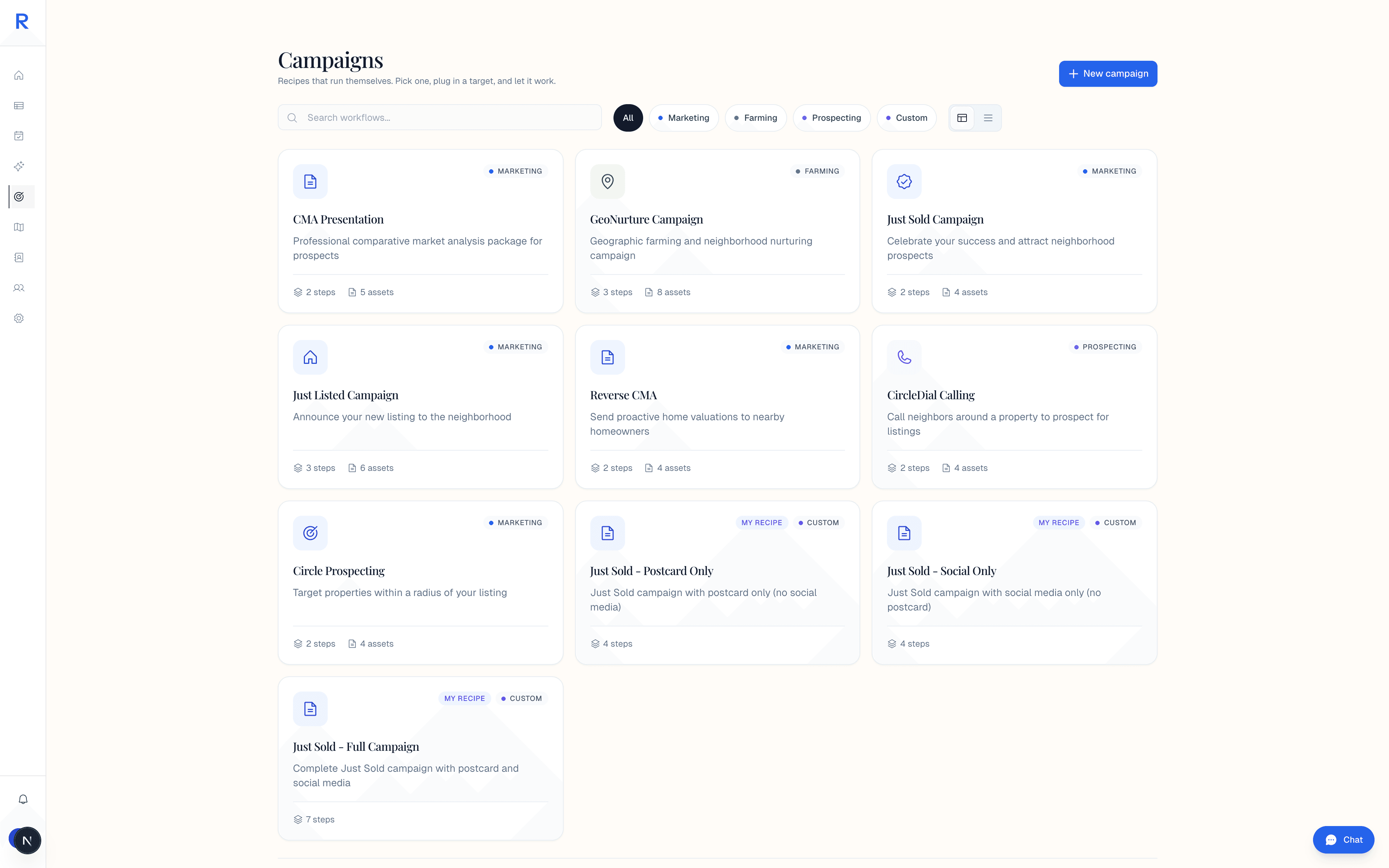 Campaigns view with recipe library and workflow blocks