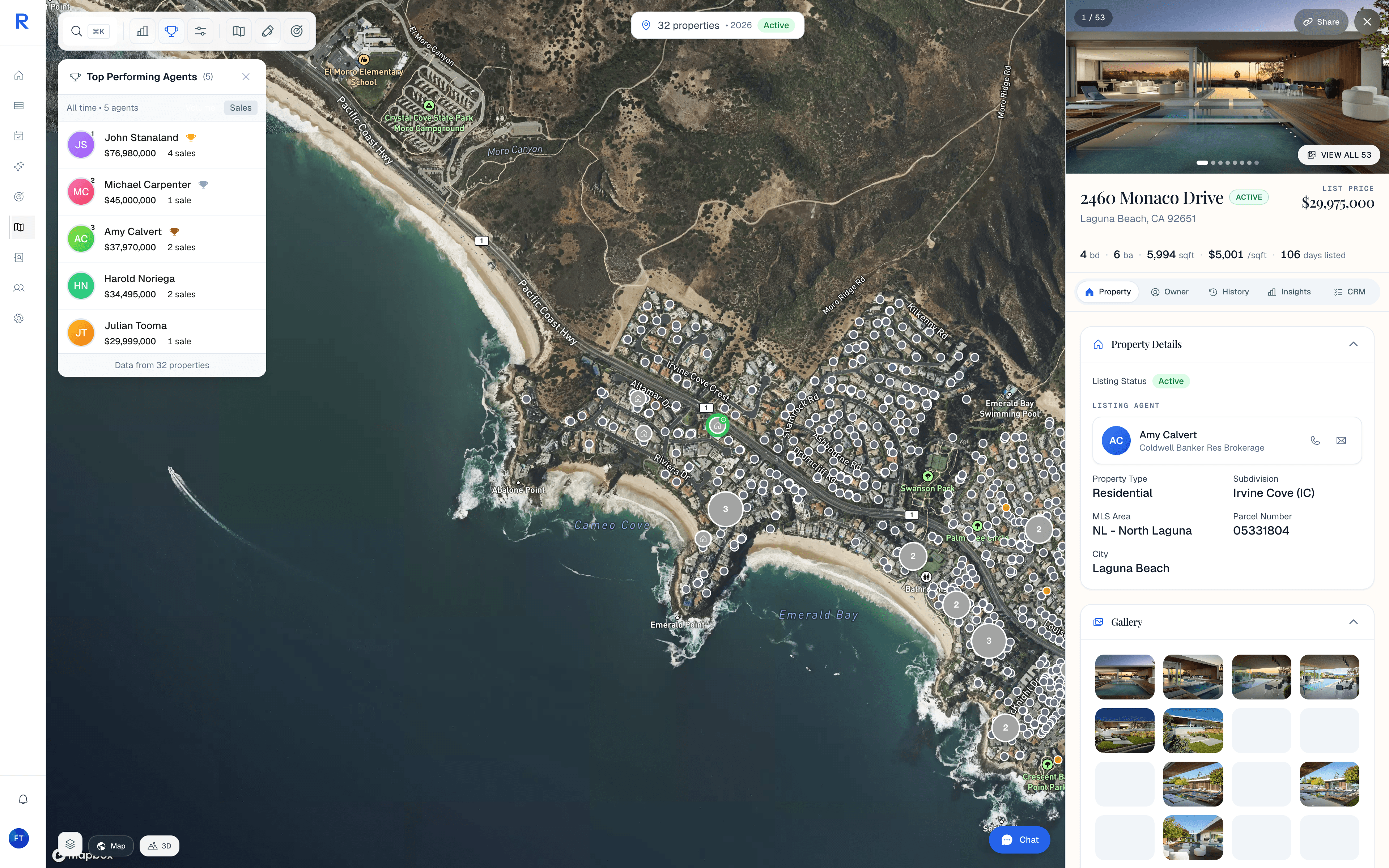 Mapverse map view with live property clusters and the agent leaderboard